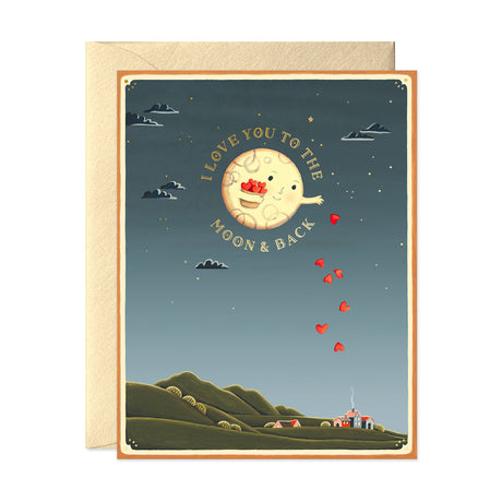 I love you to the moon and back Greeting card for Valentine Moon dropping hearts from a basket cute love card by JooJoo Paper