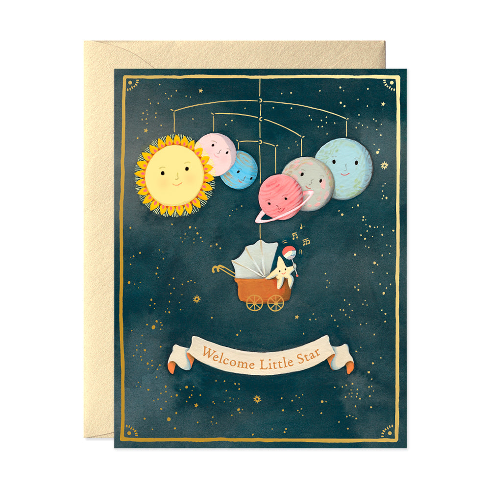 Solar system mobile and baby star New baby greeting card unisex by JooJoo PaperWelcome Little Star