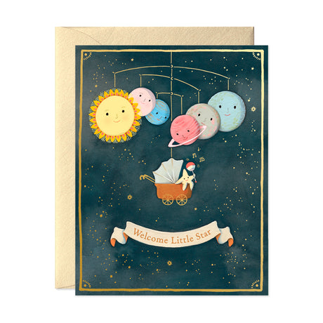 Solar system mobile and baby star New baby greeting card unisex by JooJoo PaperWelcome Little Star