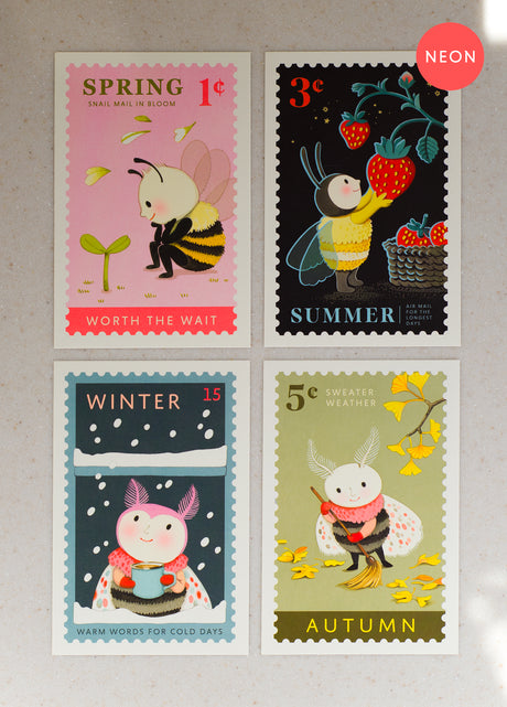 Set of 4 Neon Seasons PostCards