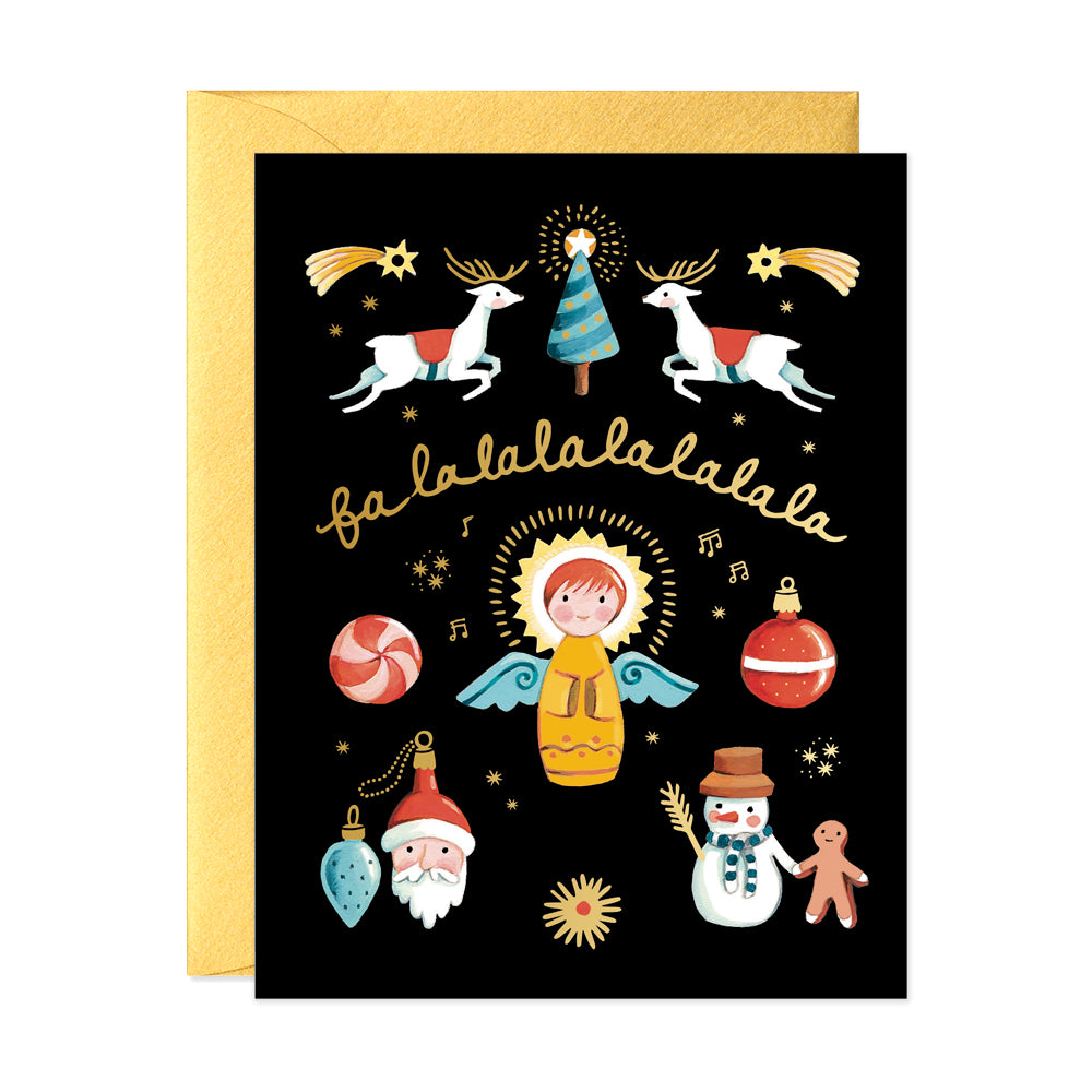 Falala Holiday Greeting Card in Black with reindeer Santa ornament and Angel by JooJoo Paper