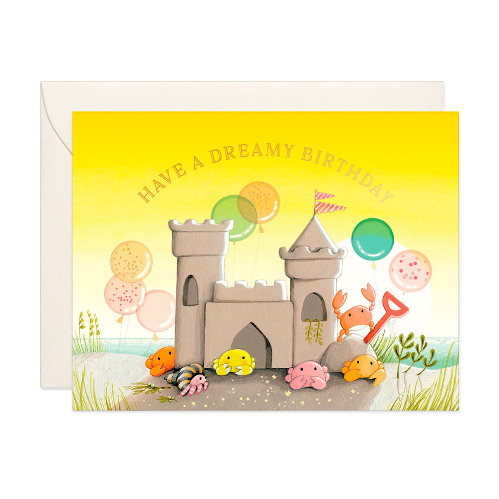 Crabs Celebrating with balloons in a Sand Castle Birthday Greeting Card