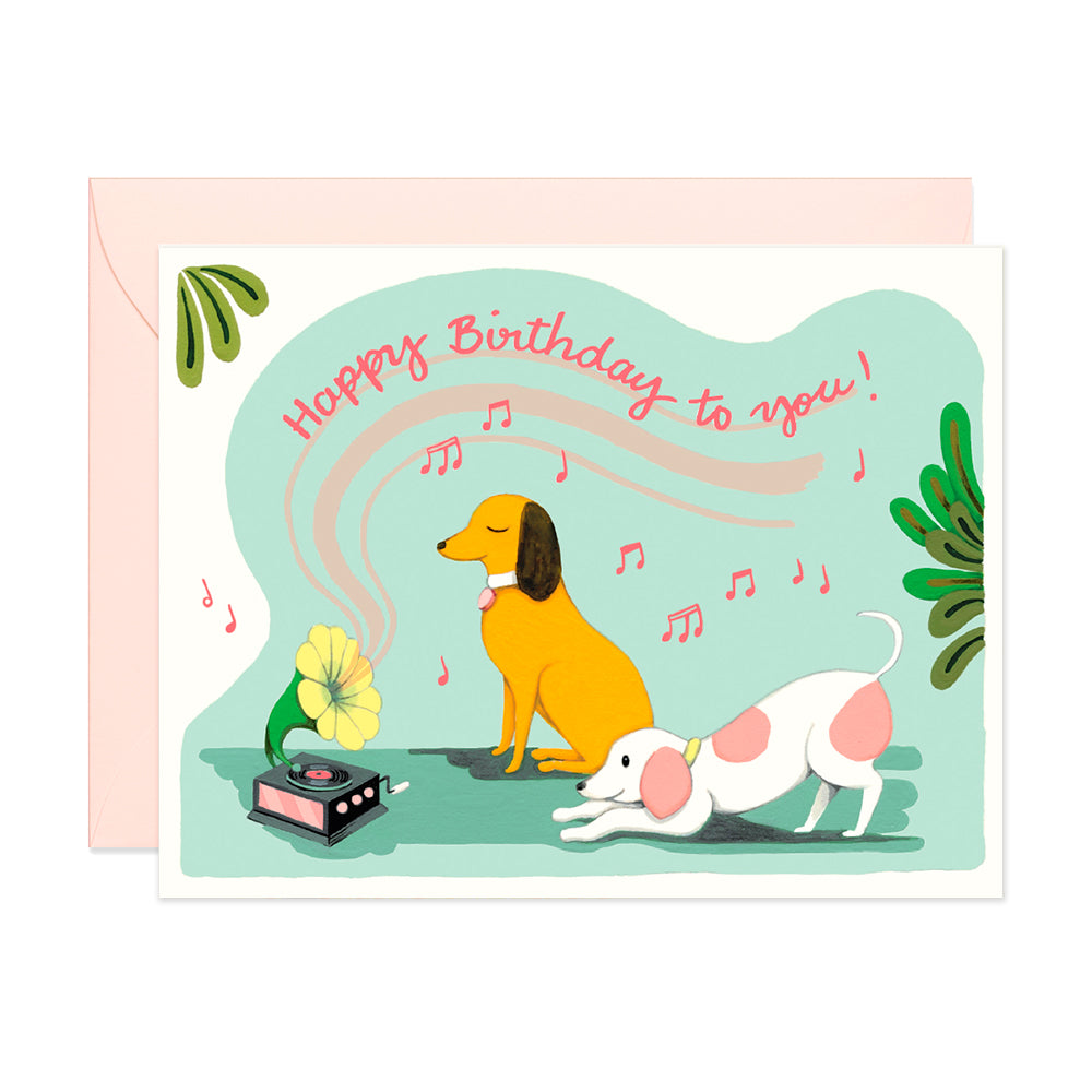 Retro Dogs Listening to Gramophone Birthday Greeting Card by JooJoo Paper