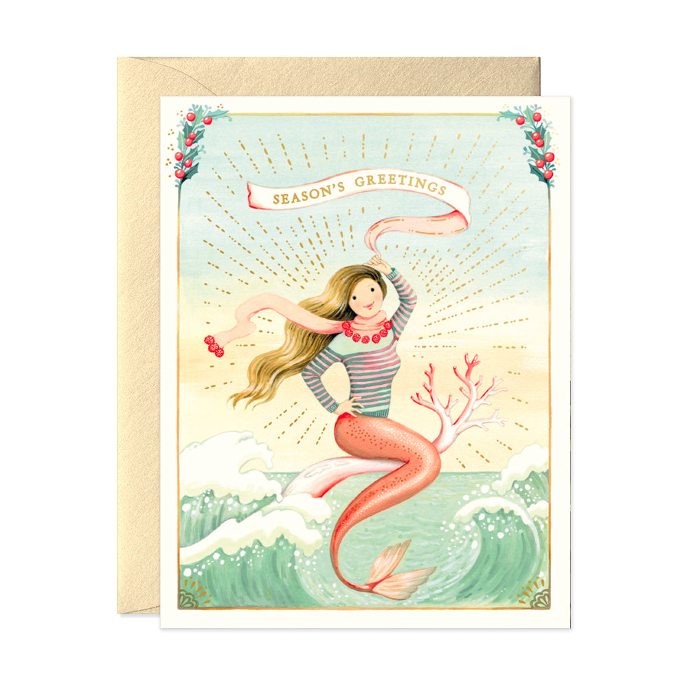 Mermaid wearing a sweater Season's Greetings Christmas Holiday Greeting Card by JooJoo Paper