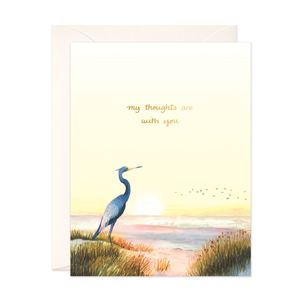 My thoughts are with you sympathy greeting card featuring a Heron near the sea by JooJoo Paper