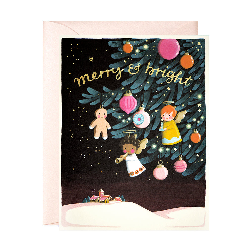 Angel Ornaments on a Christmas Tree Merry and Bright Hand Painted Holiday Greeting Card by JooJoo Paper