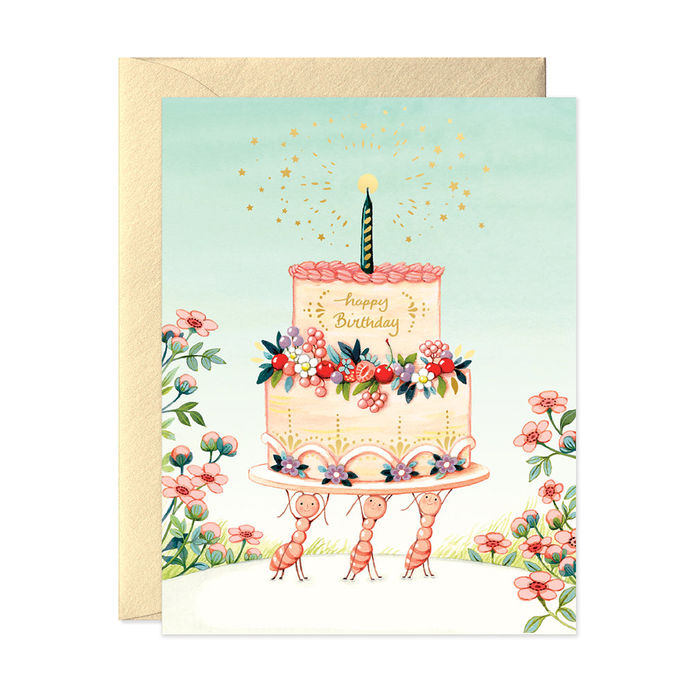 Ants carrying a cake birthday greeting card
