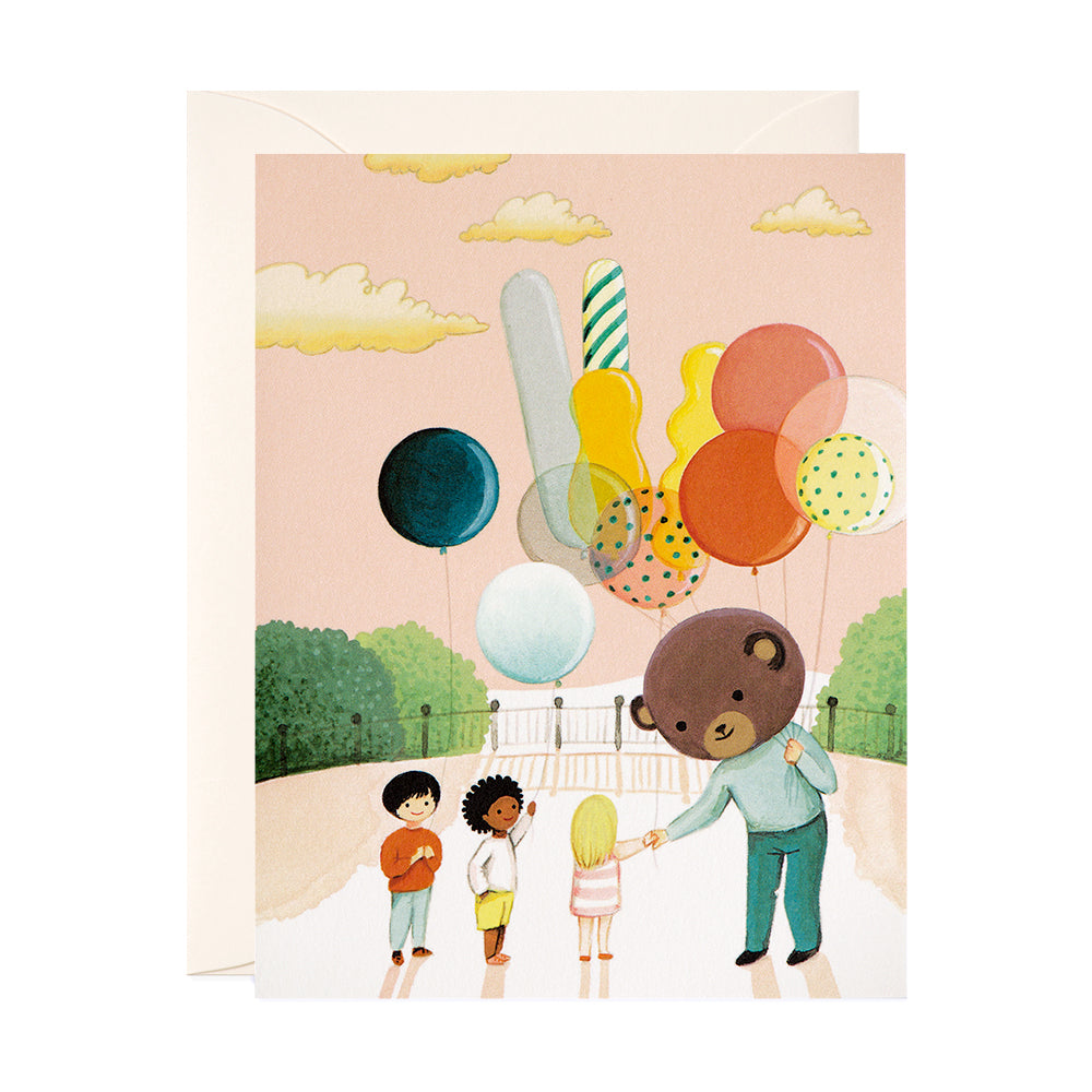 Man Wearing Bear Costume in park handing out balloons to children Birthday Greeting Card