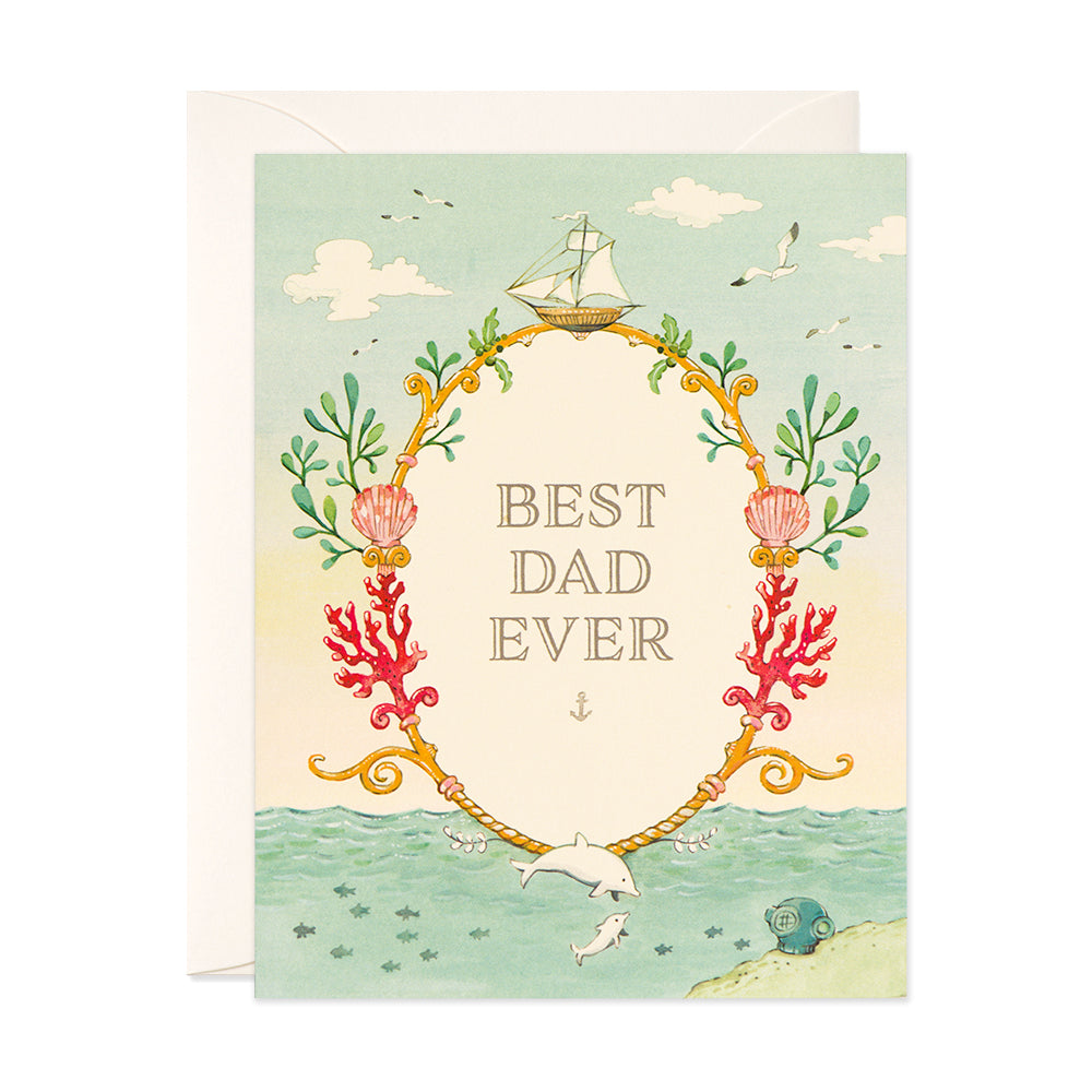 Best Dad Ever Nautical Hand Painted Greeting card with dolphins and Corals  by JooJoo Paper