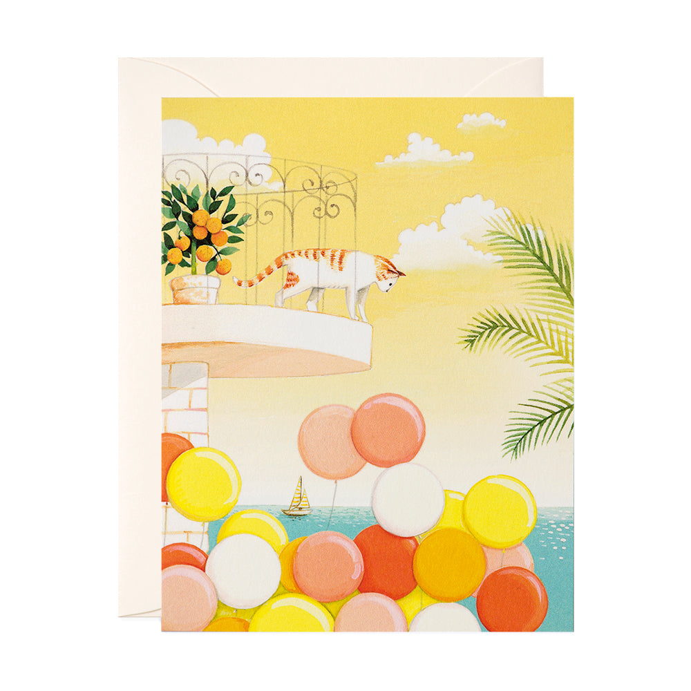 Cat standing on balcony looking down at balloons Birthday Greeting Card