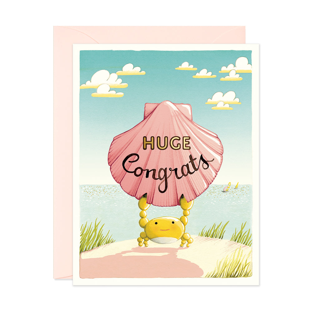 Yellow crab holding a giant pink shell huge congrats greeting card by JooJoo Paper