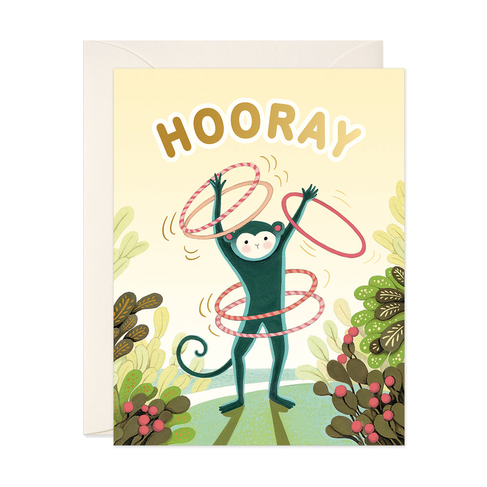 Monkey Playing with hula-hoops Hooray and congrats greeting card by JooJoo Paper