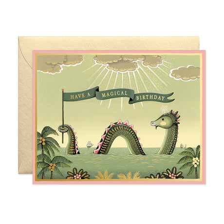Sea monster Holding a banner Magical old world birthday card for best friend