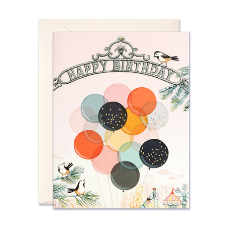 Confetti Balloons and birds in park with carousel birthday greeting card