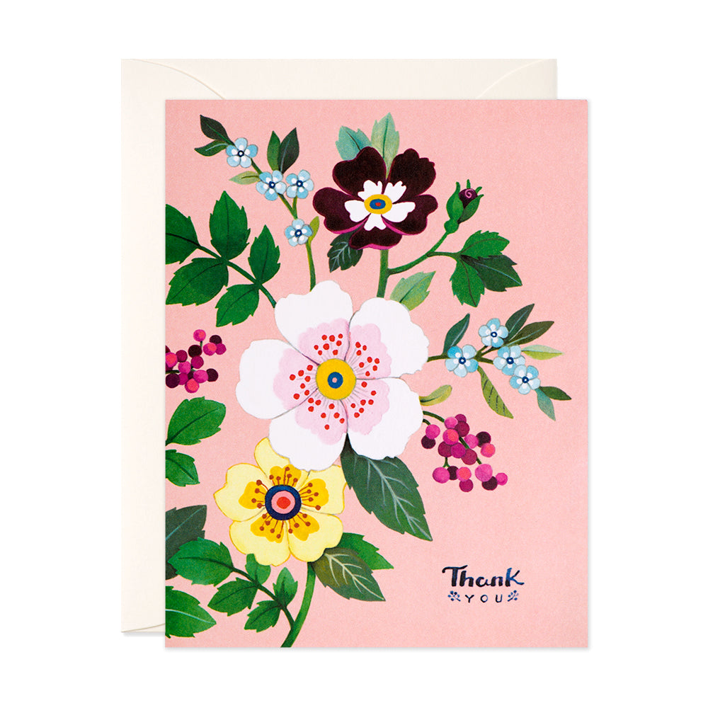 Wild Roses and forget-me-nots floral thank you greeting card by JooJoo Paper