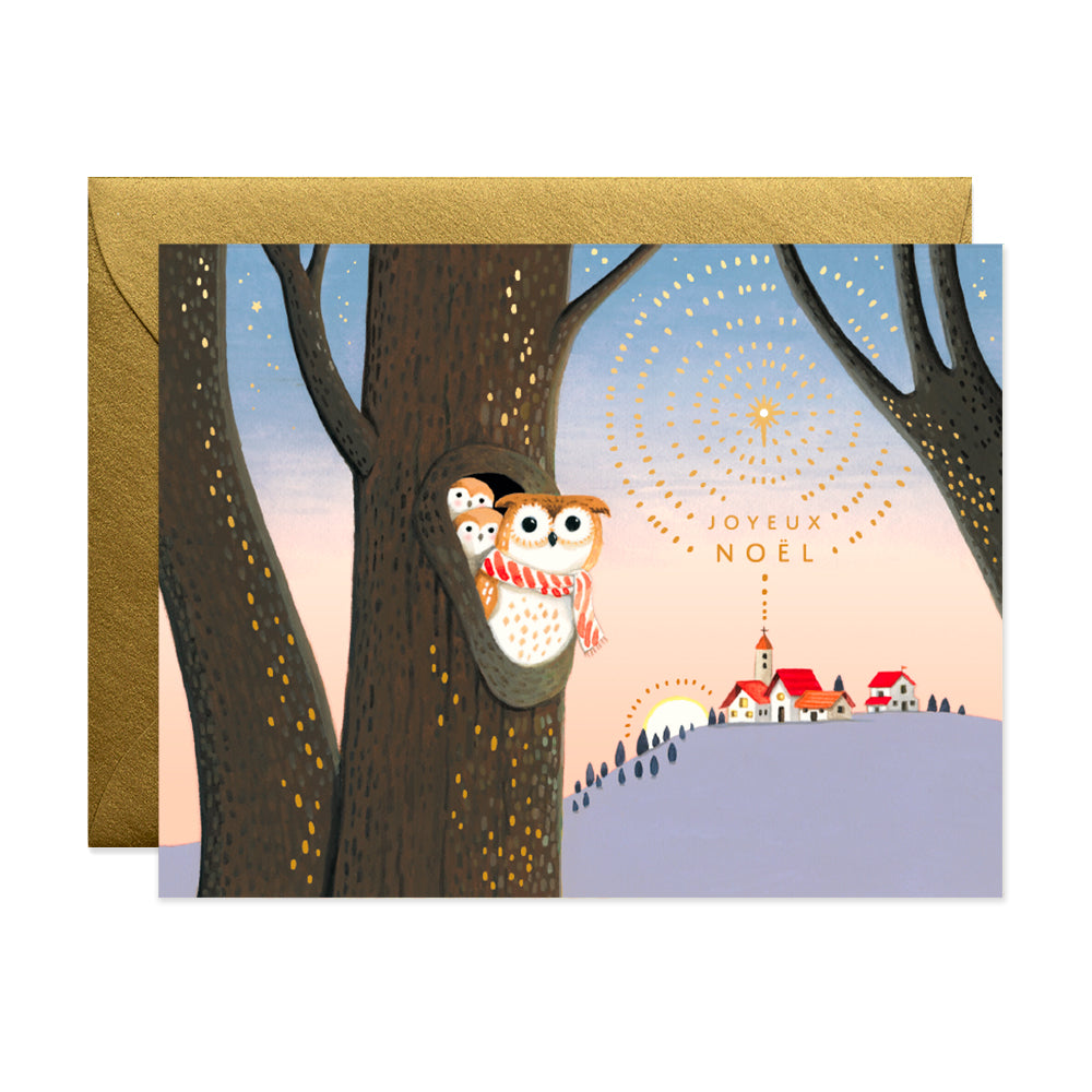 Joyeux Noel Owl and chicks in tree trunk holiday greeting card  hand painted by Afsaneh Tajvidi of JooJoo Paper