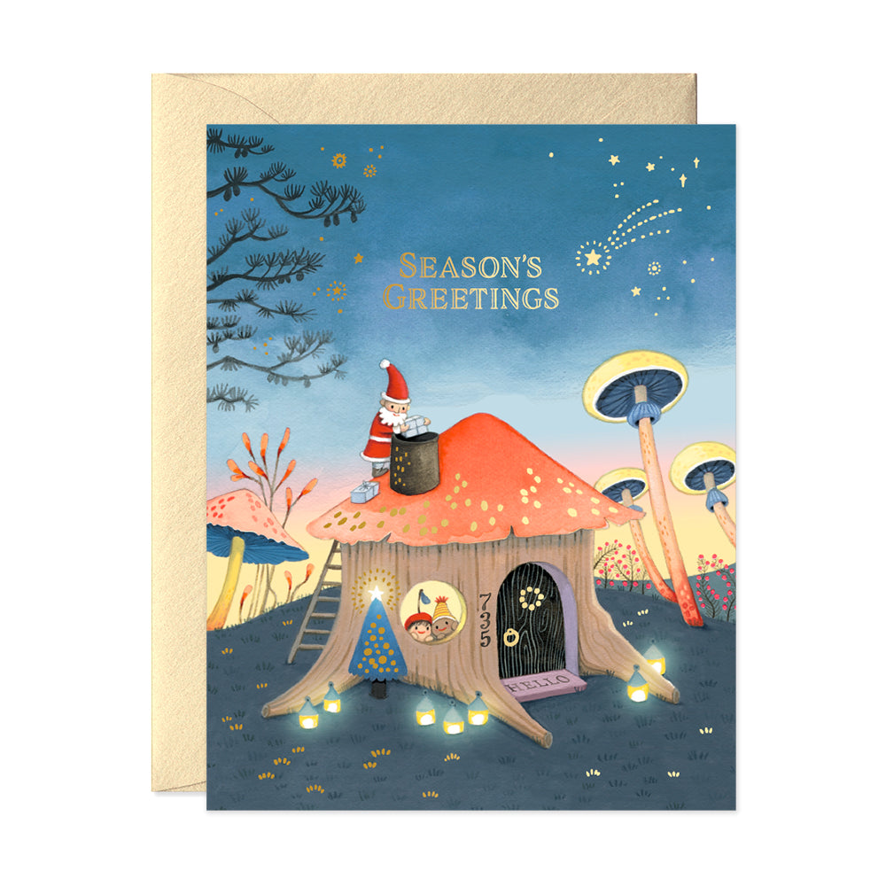 Gnome Christmas Greeting Card with mushroom house and lanterns Season's Greetings by JooJoo Paper