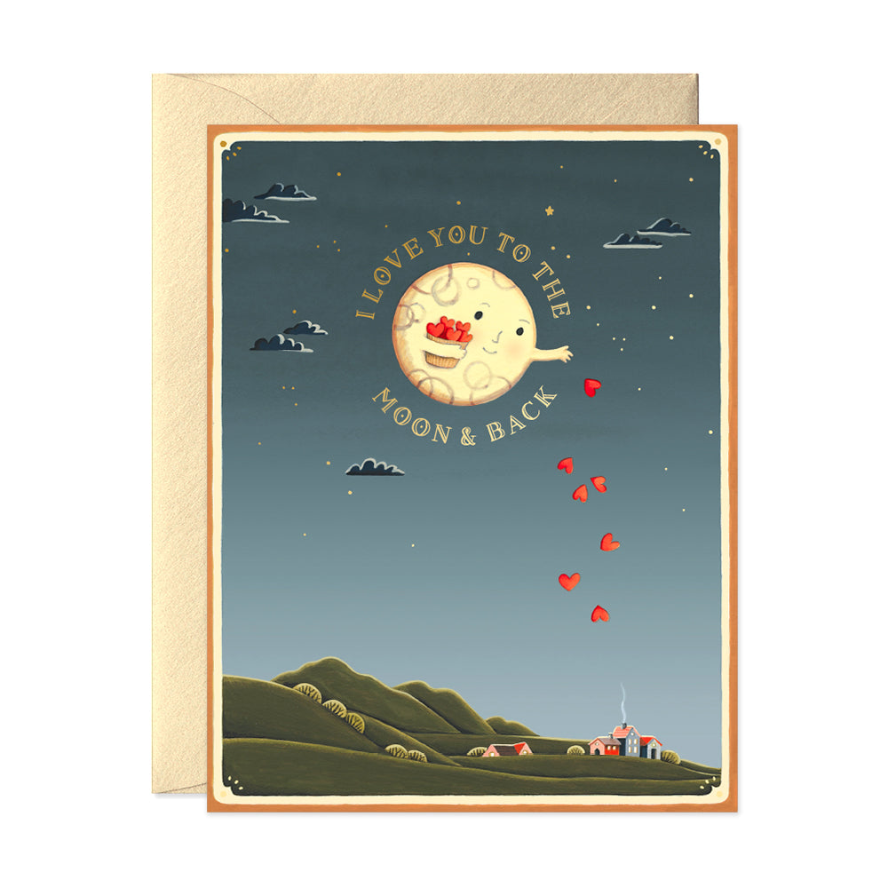 I love you to the moon and back Greeting card for Valentine Moon dropping hearts from a basket cute love card by JooJoo Paper