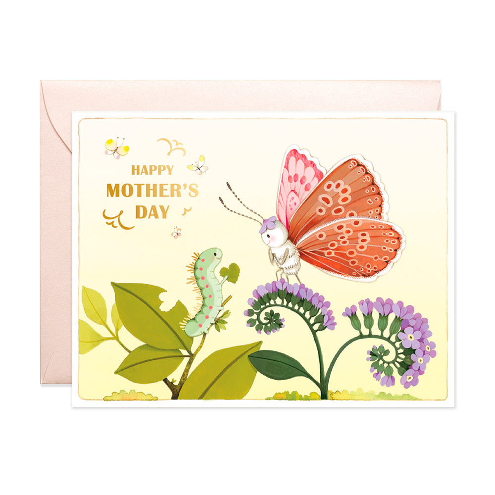 Caterpillar and Butterfly Mother's Day card Hand Illustrated by JooJoo Paper