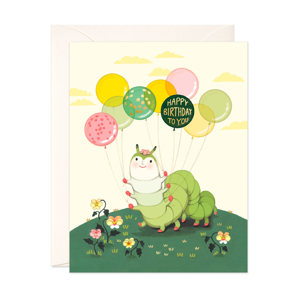 Cute Caterpillar holding many balloons Birthday Greeting Card for friends and family by JooJoo Paper