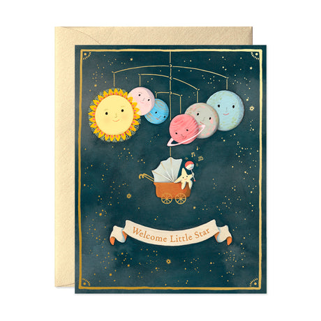 Solar system mobile and baby star New baby greeting card unisex by JooJoo PaperWelcome Little Star 