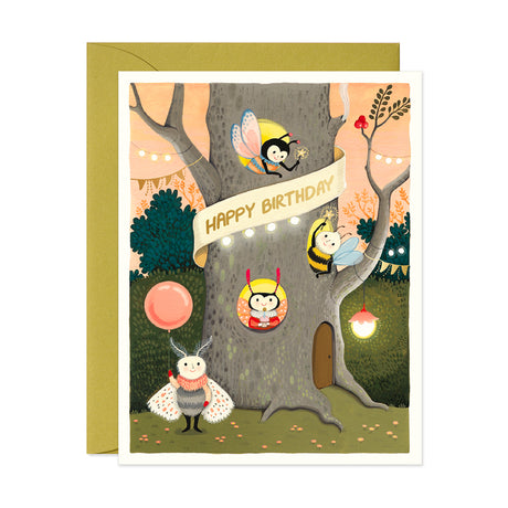 Bee and moth and butterfly celebrating birthday in a tree apartment with balloons and lights Greeting card by JooJoo Paper