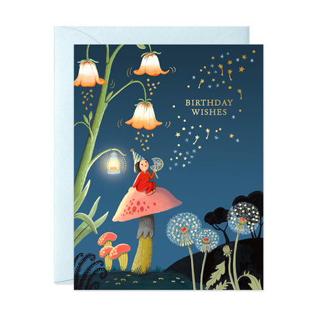 Gnome sitting on mushroom and blowing dandelion at night Birthday Greeting Card by JooJoo Paper with neon inks and gold foil