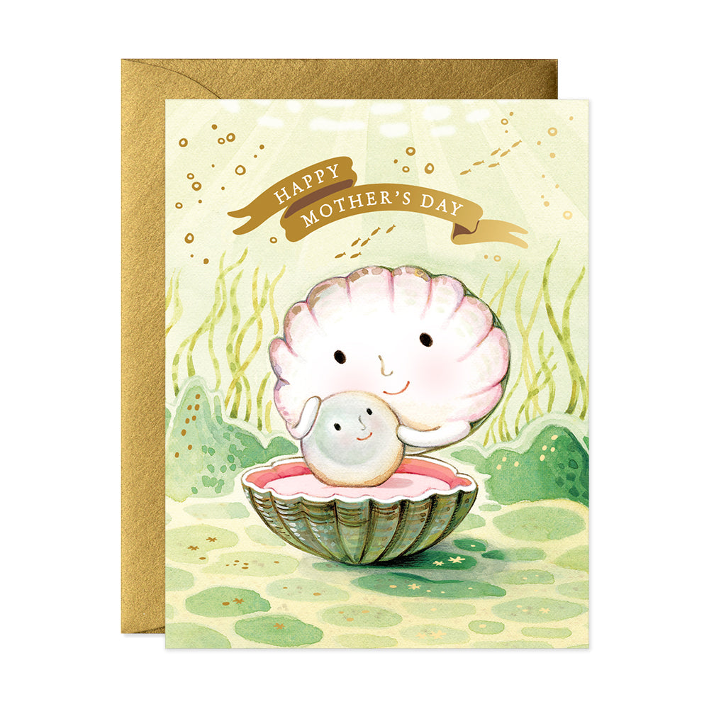 Mama shell and baby pearl - Mother of Pearl gouache illustration