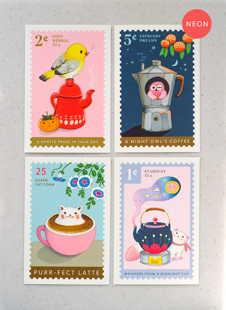 Set of 4 Neon Coffee and Tea Postcards