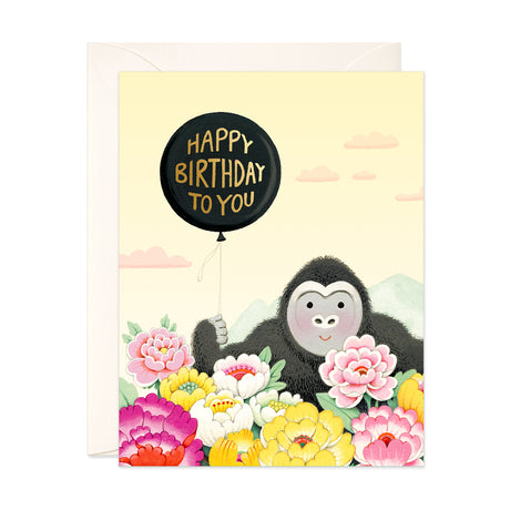 Shy Gorilla Birthday Greeting Card with lots of peonies and a black balloon by JooJoo Paper. Hand painted with gouache.