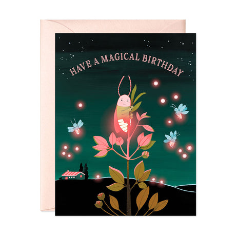Cute firefly on a branch glowing at night Birthday greeting card