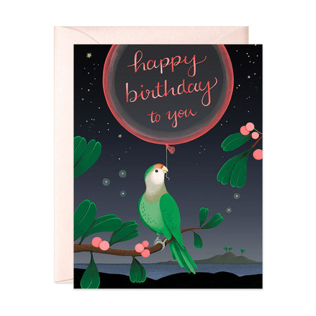 Green Parrot holding a transparent balloon at night sitting on a branch tropical birthday card