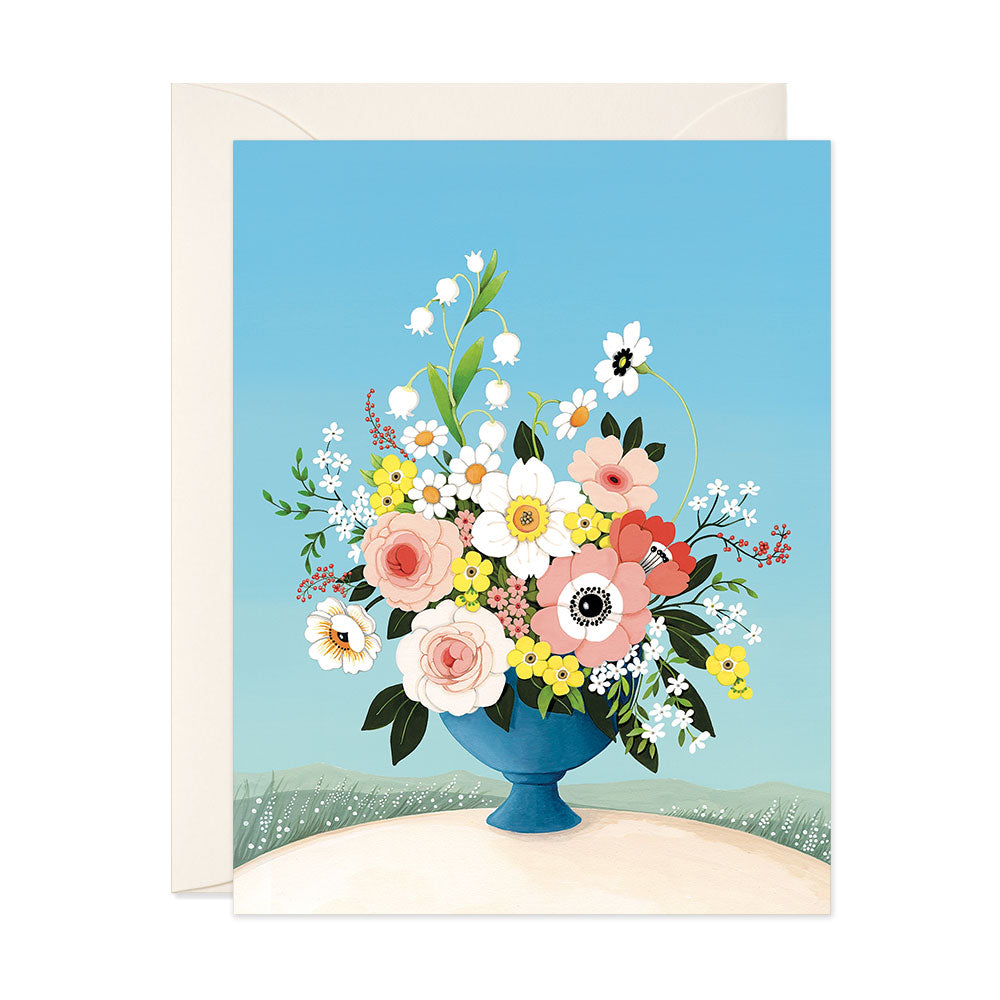 Blank Floral greeting card with bell flowers and roses in a vase by JooJoo Paper