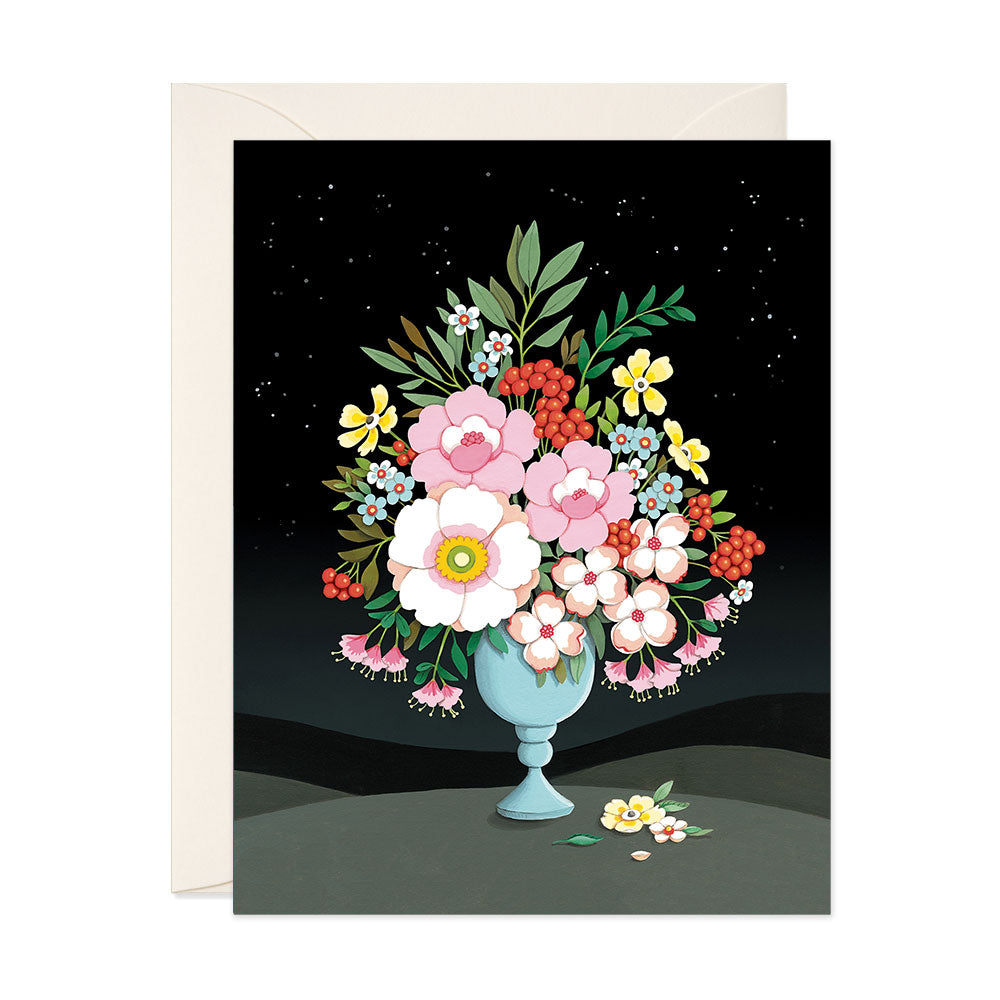 Blank floral greeting card with dogwood and peonies in a vase at night by JooJoo Paper