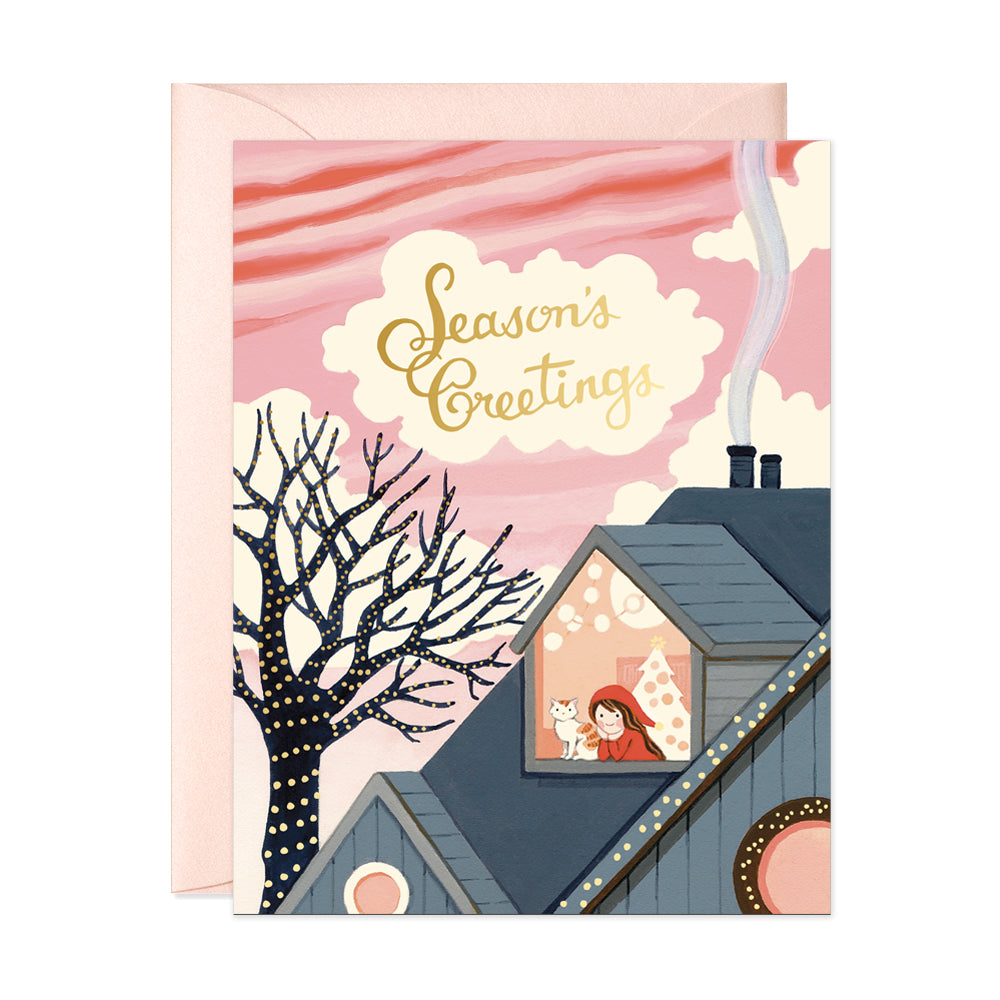 Girl and cat looking out the window Season's Greetings Holiday Card by JooJoo Paper