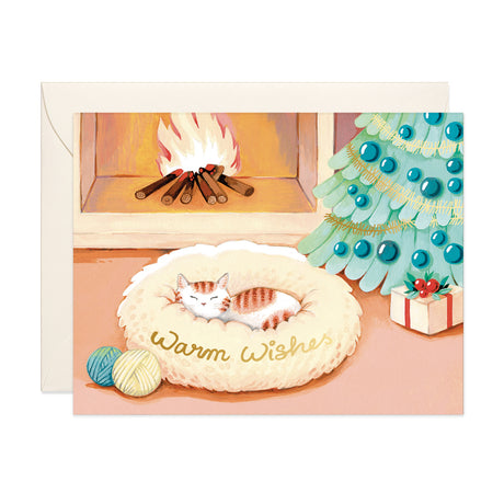 Cat sleeping in front of the fireplace Holiday Greeting Card by JooJoo Paper