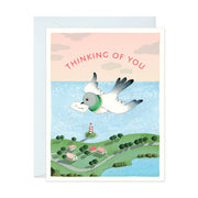 Thinking of you pigeon carrying an envelop Support Greeting Card by JooJoo Paper