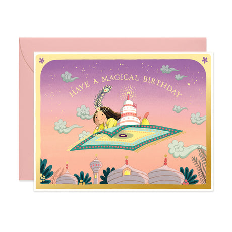 Girl riding a flying carpet over domes with a cake birthday Greeting card