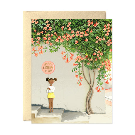 Cute girl standing under a trumpet vine holding a balloon Birthday greeting card