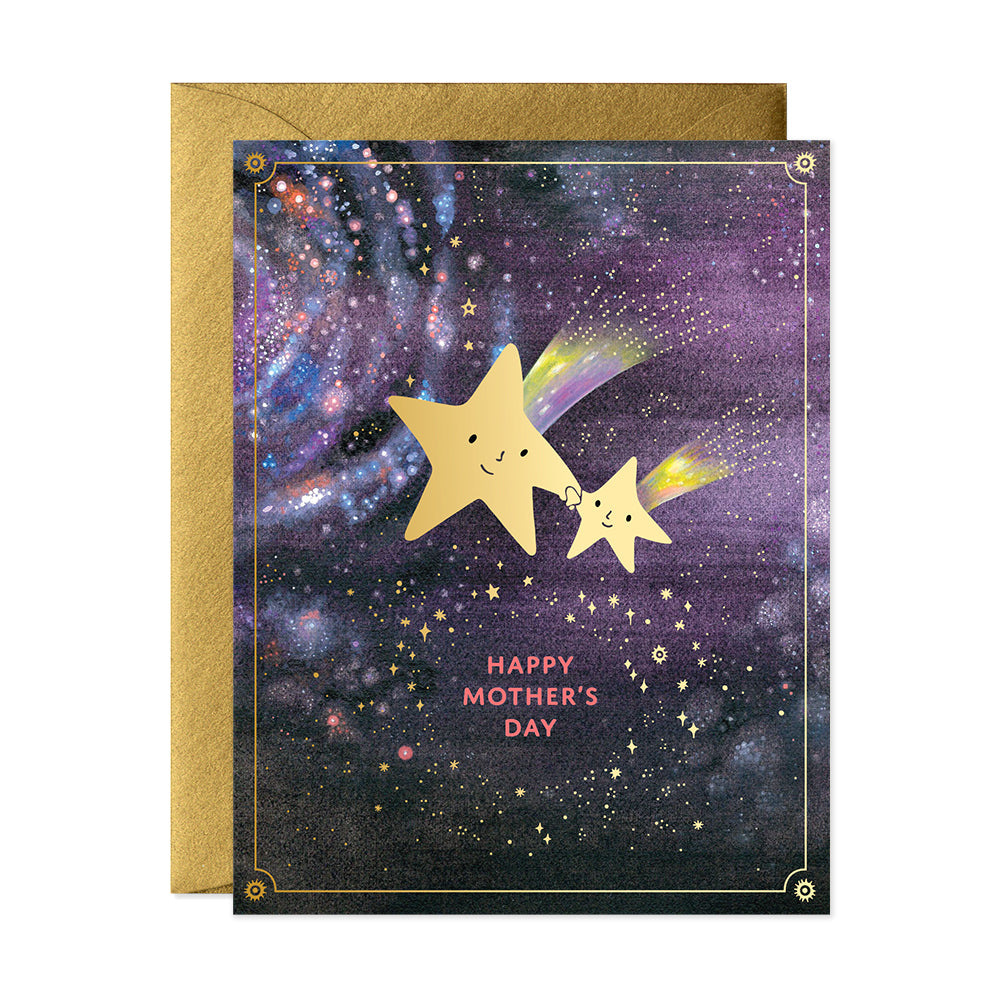 Mom and child gold Stars in the night sky with galaxies Mother's Day Greeting Card by JooJoo Paper
