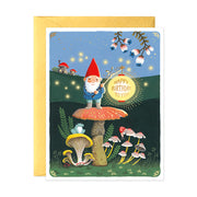 Gnome holding a lantern Birthday Greeting Card with mushroom hand painted by JooJoo Paper
