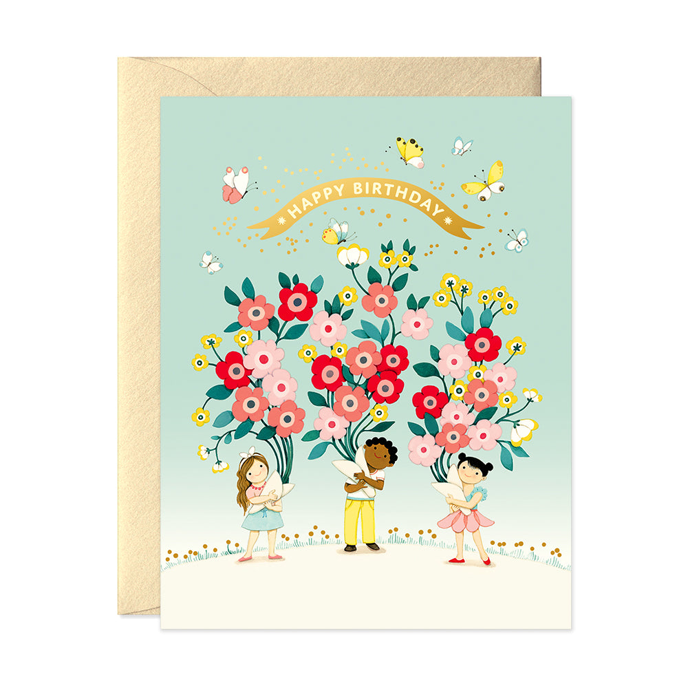 Three kids holding big flower bouquets birthday greeting card by JooJoo Paper