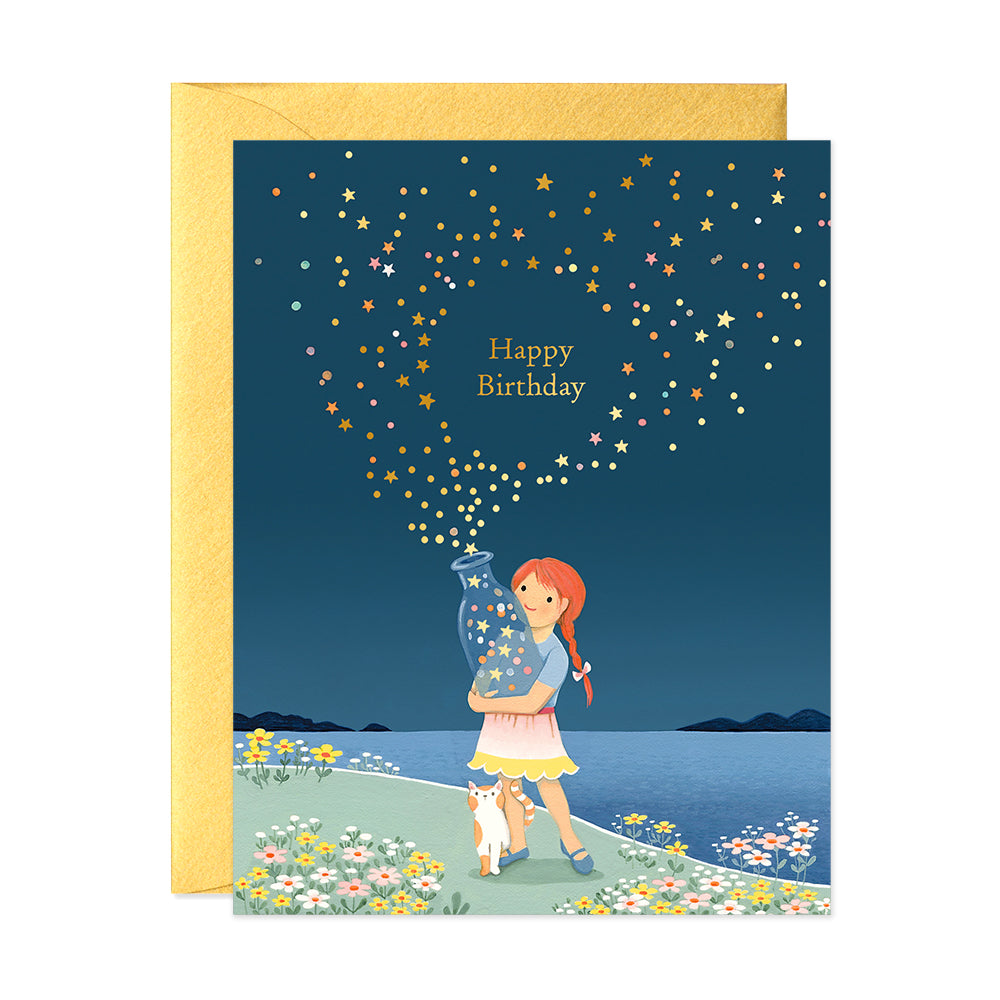 Girl holding a bottle full of stars and confetti birthday greeting card for car lovers by JooJoo Paper