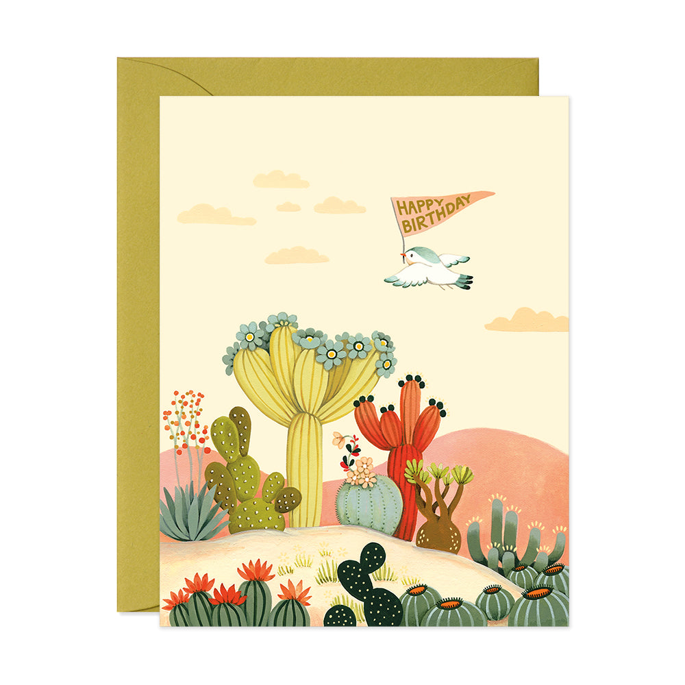 Bird flying over cactus hills birthday greeting card for cacti lover by JooJoo Paper