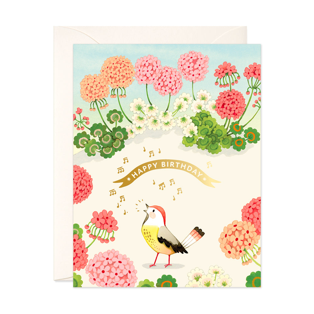 Geranium and Bird Birthday Greeting Card hand painted gouache by JooJoo Paper