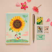 Happy Birthday Sunshine bird and sunflower neon greeting Card by JooJoo Paper
