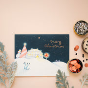 Igloo and bunnies at night Christmas Greeting Card for Holidays by JooJoo Paper