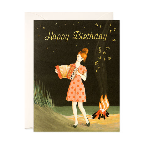 Accordion Player with Red Head at night Birthday Greeting Card