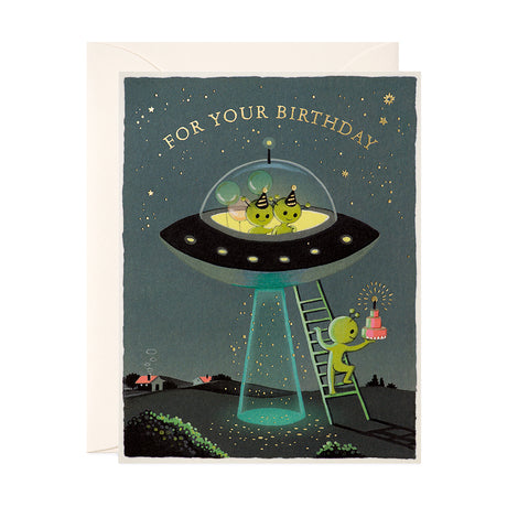 Aliens in Spaceship bringing cake Funny Birthday Greeting Card