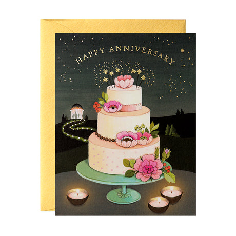 Wedding Cake Happy Anniversary Floral Greeting Card by JooJoo Paper